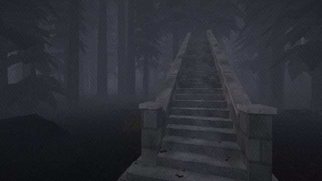 A long stone staircase standing alone in a foggy forest